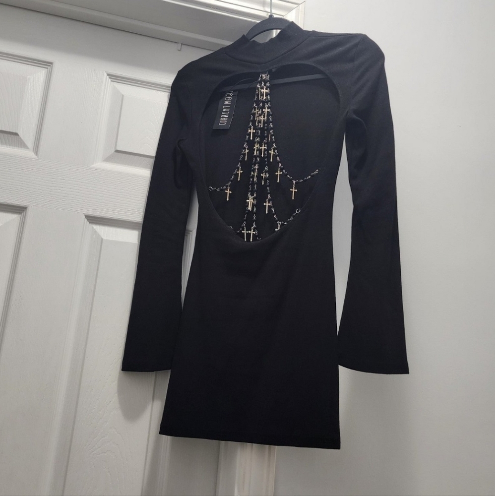 Dollskill Current Mood Rosary Cross Bead Open Back Long Sleeve Micro Mini Dress